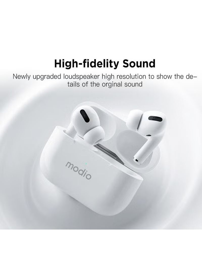 modio - ME8 Wireless Earphones – True Wireless Stereo (TWS) Bluetooth 5.3 Headset with Noise Isolation, Touch Controls, Charging Case & Built-In Mic – Lightweight Earbuds for Android, iOS & Tablets – HD Sound & Stable Connectivity – Includes Free Carry Case - Image 1