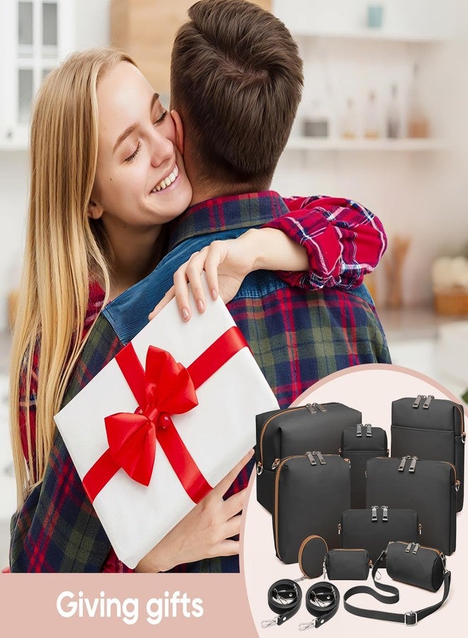 جوي واي حقيبة مكياج للسفر من جوي واي، حقائب مستحضرات تجميل كبيرة السعة للنساء، حقيبة محمولة مقاومة للماء، حقيبة أدوات تجميل مفتوحة مسطحة، منظم مكياج مع فاصل، يمكن تزويدها بحمالات (أسود) - Image 5