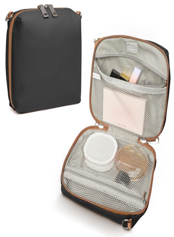جوي واي حقيبة مكياج للسفر من جوي واي، حقائب مستحضرات تجميل كبيرة السعة للنساء، حقيبة محمولة مقاومة للماء، حقيبة أدوات تجميل مفتوحة مسطحة، منظم مكياج مع فاصل، يمكن تزويدها بحمالات (أسود) - Image 1