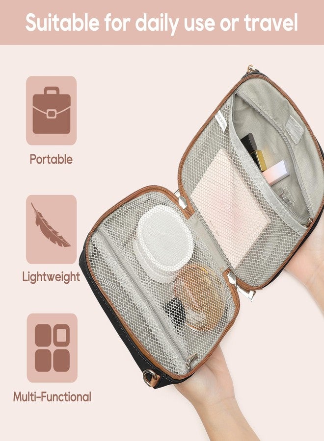 جوي واي حقيبة مكياج للسفر من جوي واي، حقائب مستحضرات تجميل كبيرة السعة للنساء، حقيبة محمولة مقاومة للماء، حقيبة أدوات تجميل مفتوحة مسطحة، منظم مكياج مع فاصل، يمكن تزويدها بحمالات (أسود) - Image 3