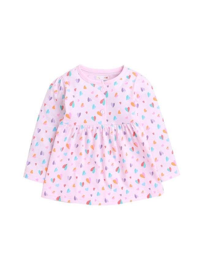BUMZEE Pink Girls Full Sleeves Cotton Knee Length Casual Frock Age - 18-24 Months (Peb9561E-pnk) - Image 1