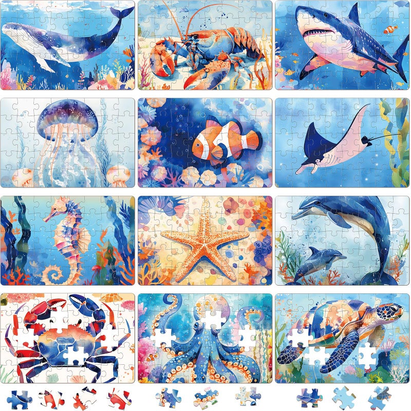 Simgoing 12 Pcs Jigsaw Puzzles Bulk Set for Kids Beginners 8x12 Inch 40 Pcs Sea Animal Puzzles High Definition Printed with Completed Image Guide for Family Game Night Stress ReliefSea Animal - Image 3