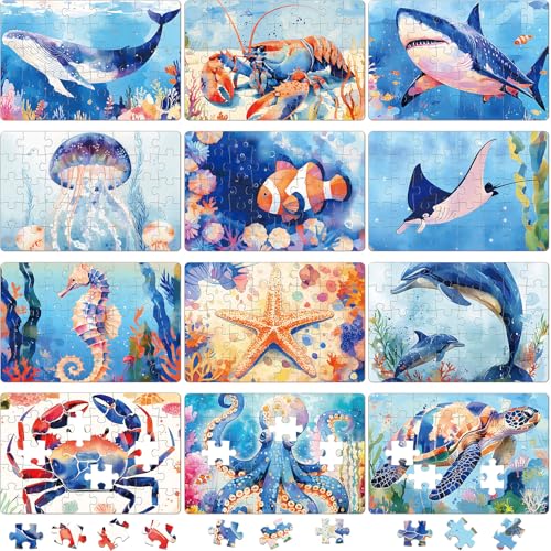 Simgoing 12 Pcs Jigsaw Puzzles Bulk Set for Kids Beginners 8x12 Inch 40 Pcs Sea Animal Puzzles High Definition Printed with Completed Image Guide for Family Game Night Stress ReliefSea Animal - Image 1