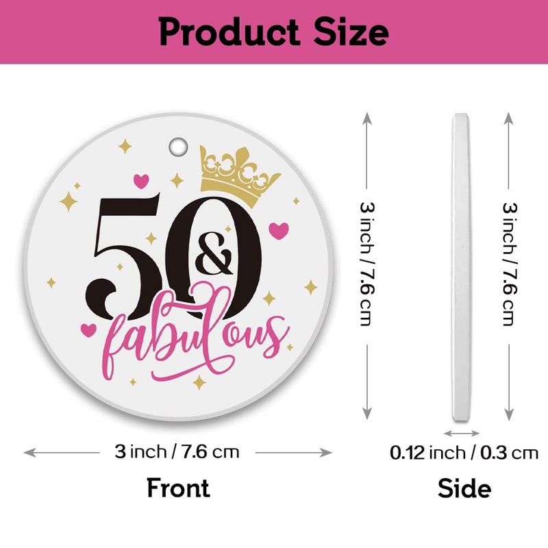 REWIDPARTY Fabulous 50th Birthday Ornaments Gifts Keepsake Sign Round Plaque Happy for 50 Years Birthday Gifts Idea Christmas Decoration 3"" Circle Ceramic Ornament with Gold Ribbon & Gift Box - Image 3