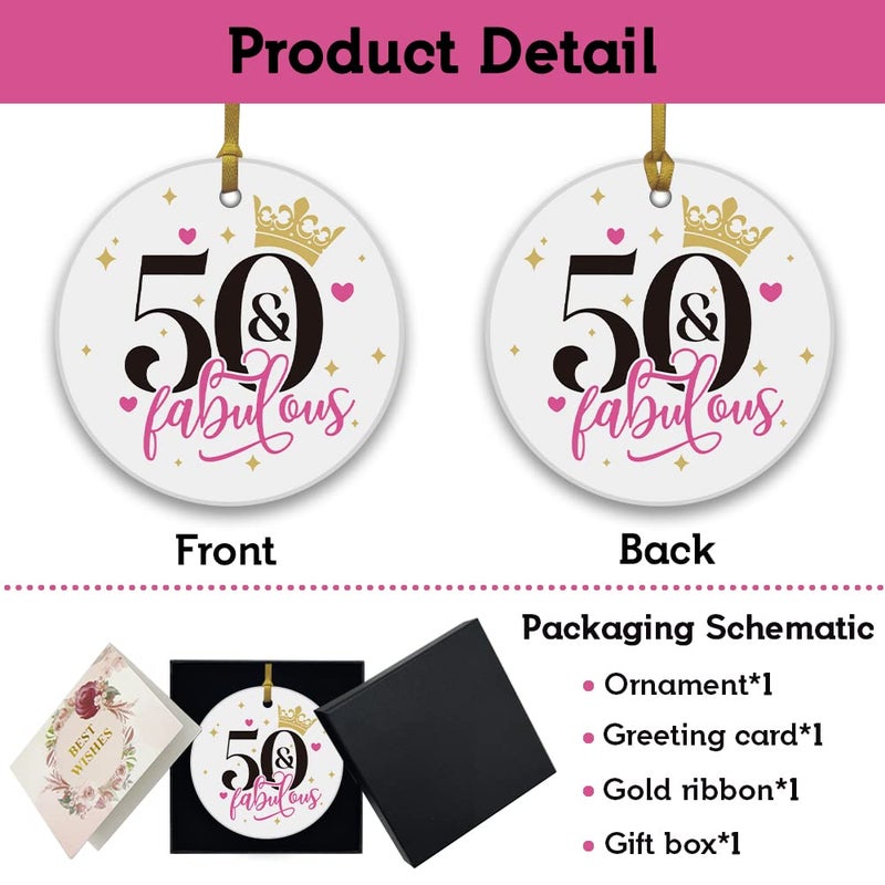 REWIDPARTY Fabulous 50th Birthday Ornaments Gifts Keepsake Sign Round Plaque Happy for 50 Years Birthday Gifts Idea Christmas Decoration 3"" Circle Ceramic Ornament with Gold Ribbon & Gift Box - Image 2
