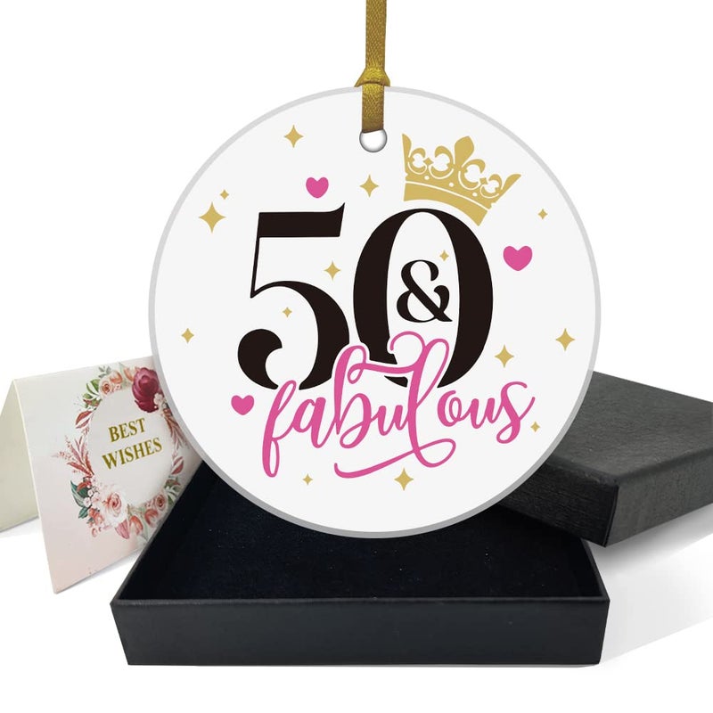 REWIDPARTY Fabulous 50th Birthday Ornaments Gifts Keepsake Sign Round Plaque Happy for 50 Years Birthday Gifts Idea Christmas Decoration 3"" Circle Ceramic Ornament with Gold Ribbon & Gift Box - Image 1