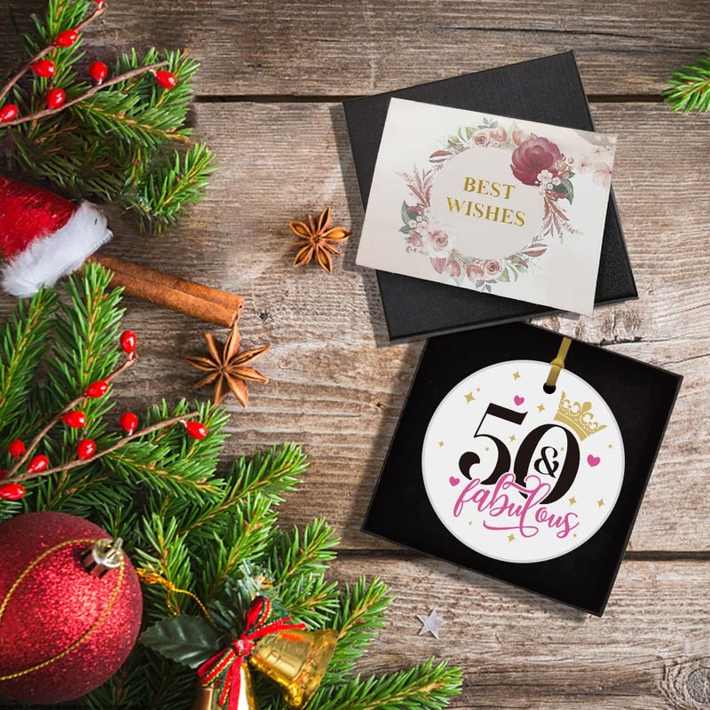 REWIDPARTY Fabulous 50th Birthday Ornaments Gifts Keepsake Sign Round Plaque Happy for 50 Years Birthday Gifts Idea Christmas Decoration 3"" Circle Ceramic Ornament with Gold Ribbon & Gift Box - Image 5