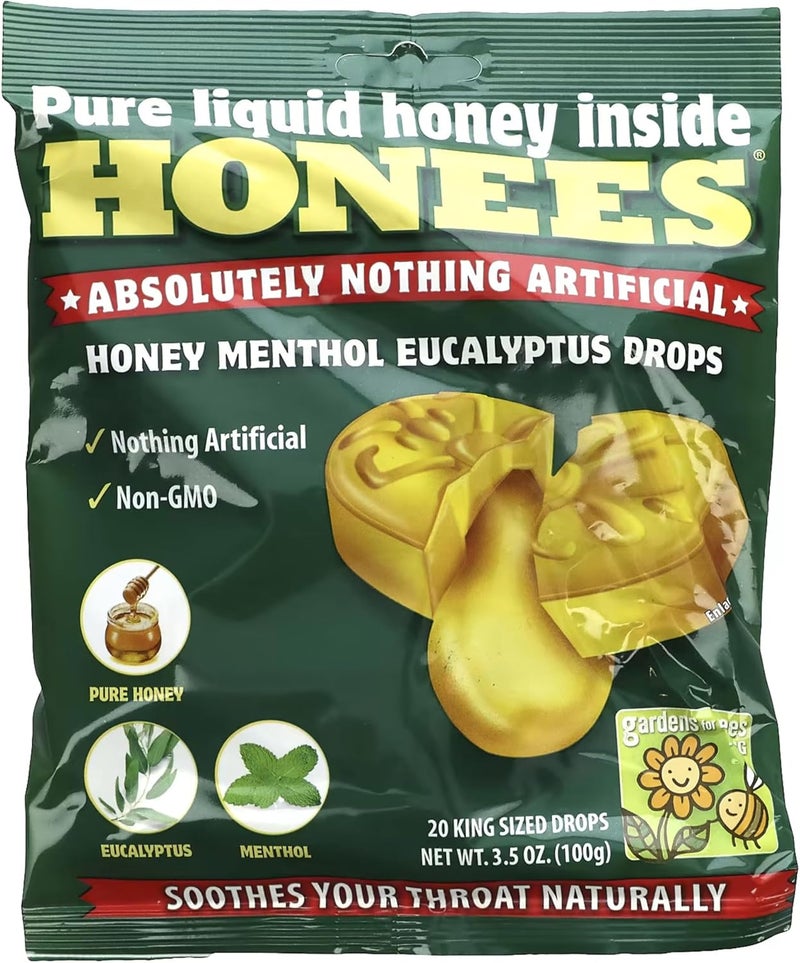 Honees Filled Menthol Cough Drops Honey Menthol Eucalyptus Cough Drops Natural Sore Throat Relief Nothing Artificial Throat Lozenges NonGMO Gluten Free 3 Pack 60 Drops - Image 1