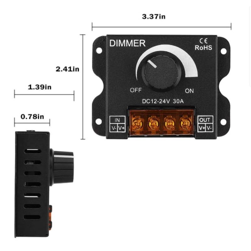 Light Strip Dimmer, 12V-24V 30A PWM Dimming Controller with ON/Off Knob, Aluminum Case for LED Strips, Precise Brightness Adjustment for Home and Commercial Lighting - Image 2