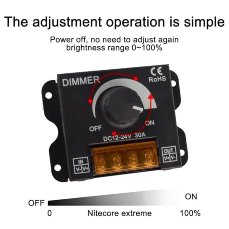Light Strip Dimmer, 12V-24V 30A PWM Dimming Controller with ON/Off Knob, Aluminum Case for LED Strips, Precise Brightness Adjustment for Home and Commercial Lighting - Image 3