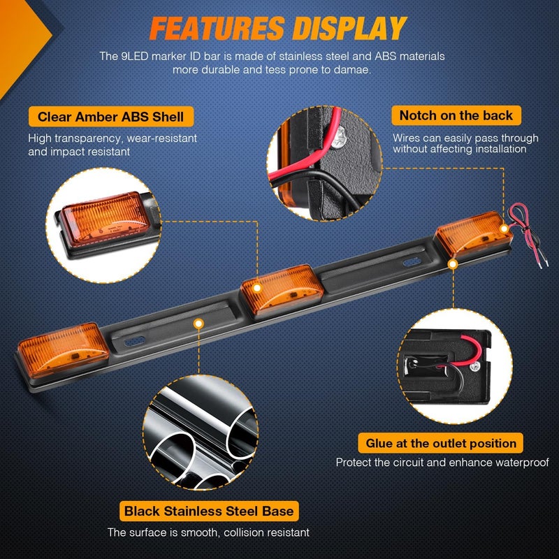 Nilight 9 LED Marker Tail Trailer Light Bar 14.2Inch 2 PCS Amber Clearance Identification Running Marker ID Rear Stainless Steel Bracket for 12V Pickup Truck Trailer RV Boat - Image 4