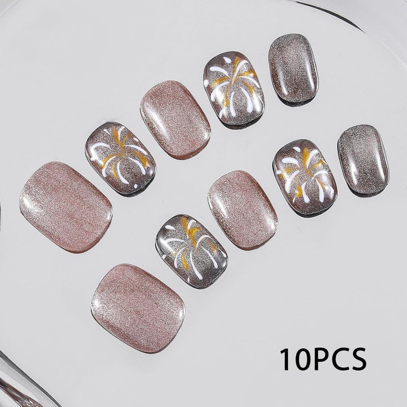Sethexy Brown Cat Eye Handmade Pressed Nails Short Coffin Hand Painted False Nails Hairdressing Salon Acrylic Shiny for Women and Girls 10PCS (Brown2) - Image 5