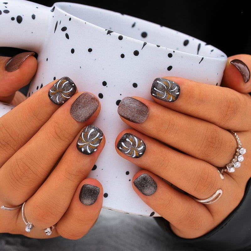 Sethexy Brown Cat Eye Handmade Pressed Nails Short Coffin Hand Painted False Nails Hairdressing Salon Acrylic Shiny for Women and Girls 10PCS (Brown2) - Image 1