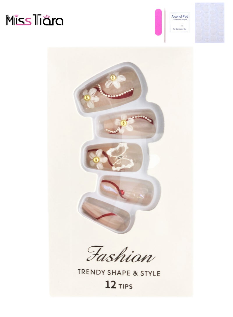 MissTiara مجموعة أظافر صناعية قابلة للارتداء مكونة من 12 قطعة، أظافر صناعية متوسطة الحجم طبيعية مع مجموعة غراء أظافر متنوعة - Image 1