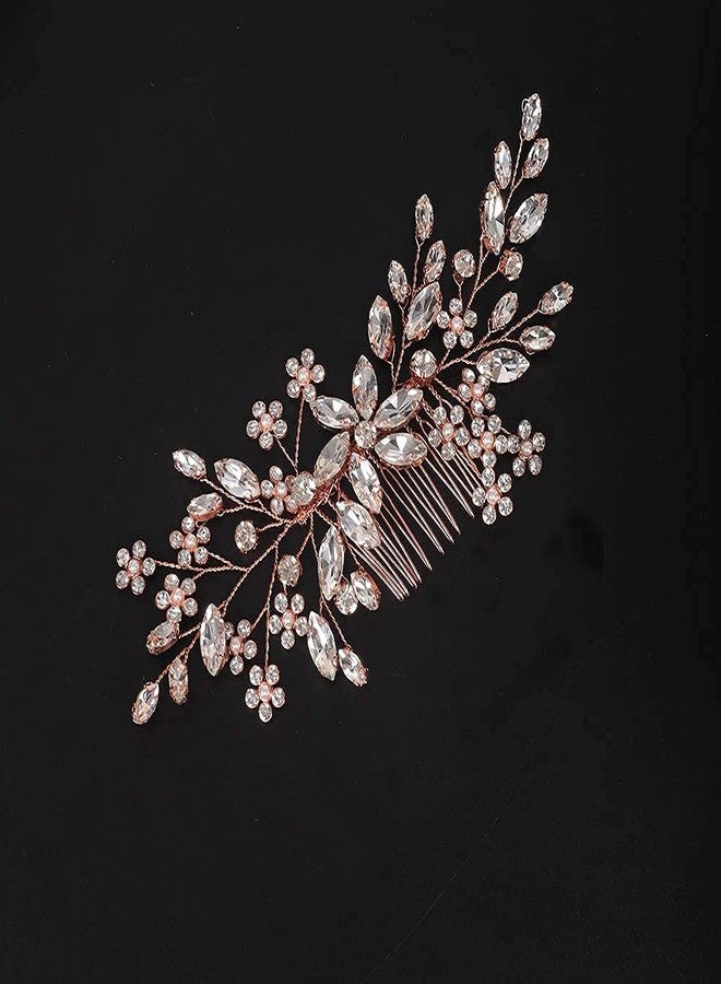 YERTTER Bridal Hair Comb Crystal Bride Wedding Hair Comb Rhinestone Flower Bridal Hair Pieces Pearl Wedding Hair Accessories for Women and Girls (Rose Gold) - Image 2
