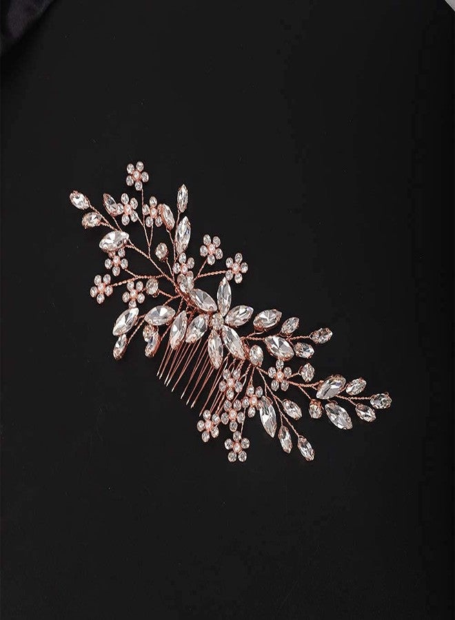 YERTTER Bridal Hair Comb Crystal Bride Wedding Hair Comb Rhinestone Flower Bridal Hair Pieces Pearl Wedding Hair Accessories for Women and Girls (Rose Gold) - Image 5