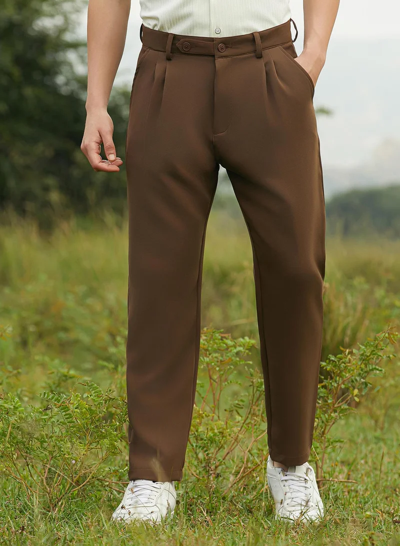 كامبوس سوترا Men's Chocolate Brown Pleated Suede Trousers For Casual Wear | Mid-Rise | Regular Fit | Button Closure | Trousers Crafted With Comfort Fit For Everyday Wear