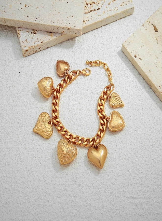 WOWORAMA Heart Charm Bracelet for Women Boho Chunky Puffy Heart Bracelets Vintage Matte Gold Statement Bracelet Adjustable Cuban Chain Bracelets - Image 2