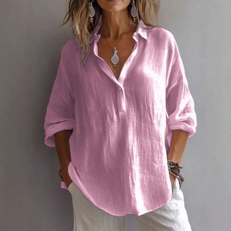 بلوزة كتان بقبة V ذات لون سادة وفضفاضة بأكمام طويلة - Image 3