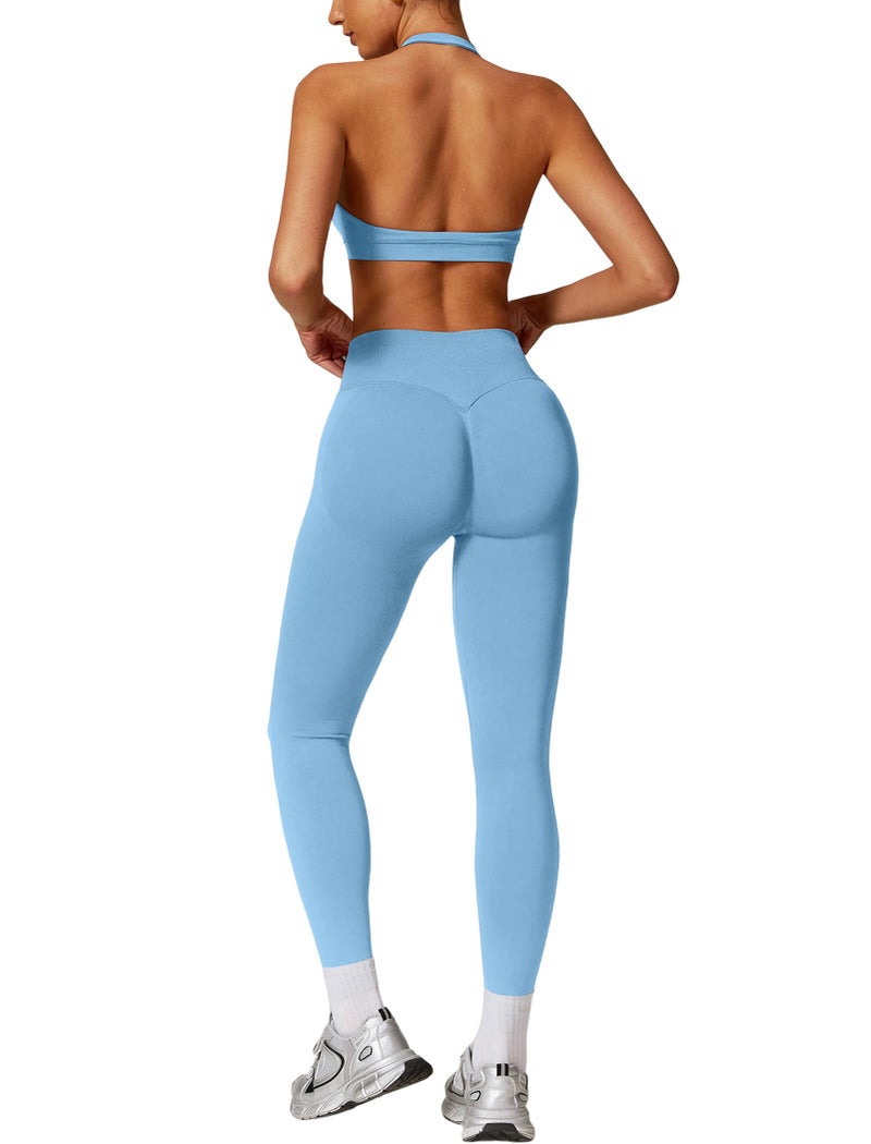 أطقم تمارين ABOCIW للنساء بنمط سلس لرفع المؤخرة مع Leggings عالية الخصر وسروال رياضي بحمالة صدر رياضية 2 قطعة باللون الأزرق الجليدي مقاس صغير جداً