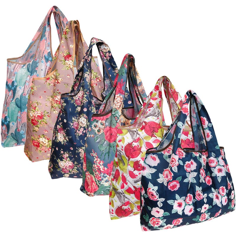 allydrew Large Foldable Tote Nylon Reusable Grocery Bags  6 Pack  Cacti  Roses & Flowers - Image 1