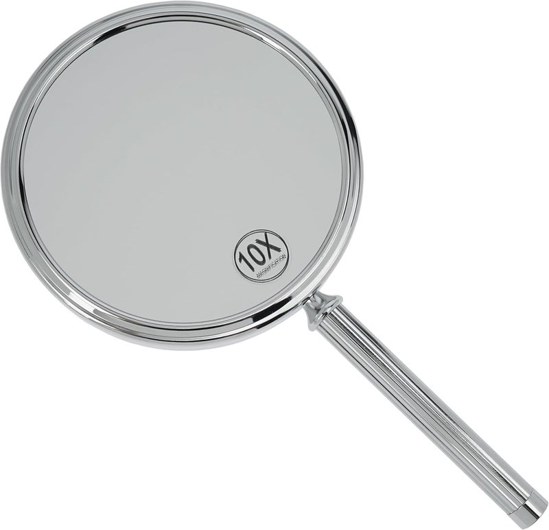 Fantasia HandHeld Mirror with Handle DoubleSided Normal and 10x Magnification Diameter 16 cm Length 185 cm Silver Chrome