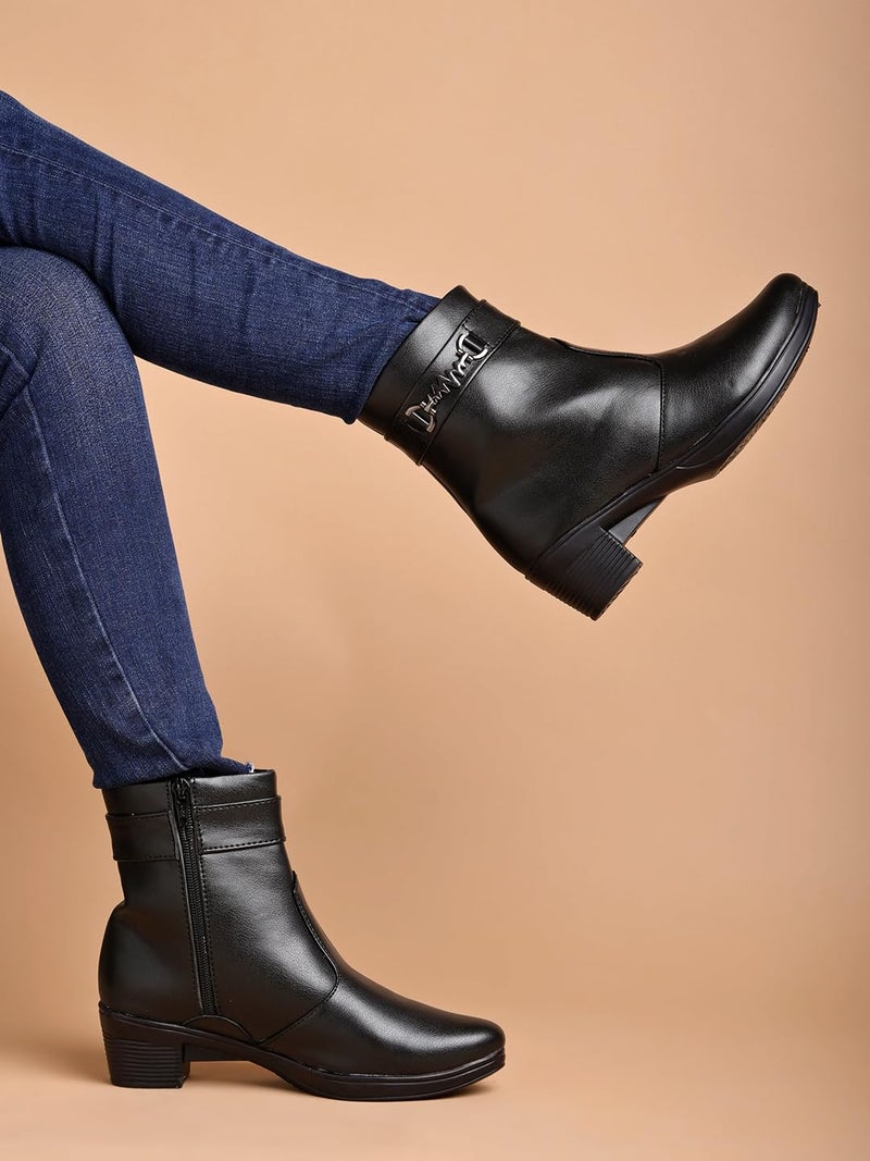 Shoetopia Women's  Ankle Boots with Side Zipper and Metal Detail Low Heel Faux Leather Booties for Everyday Comfort and Style - Image 2