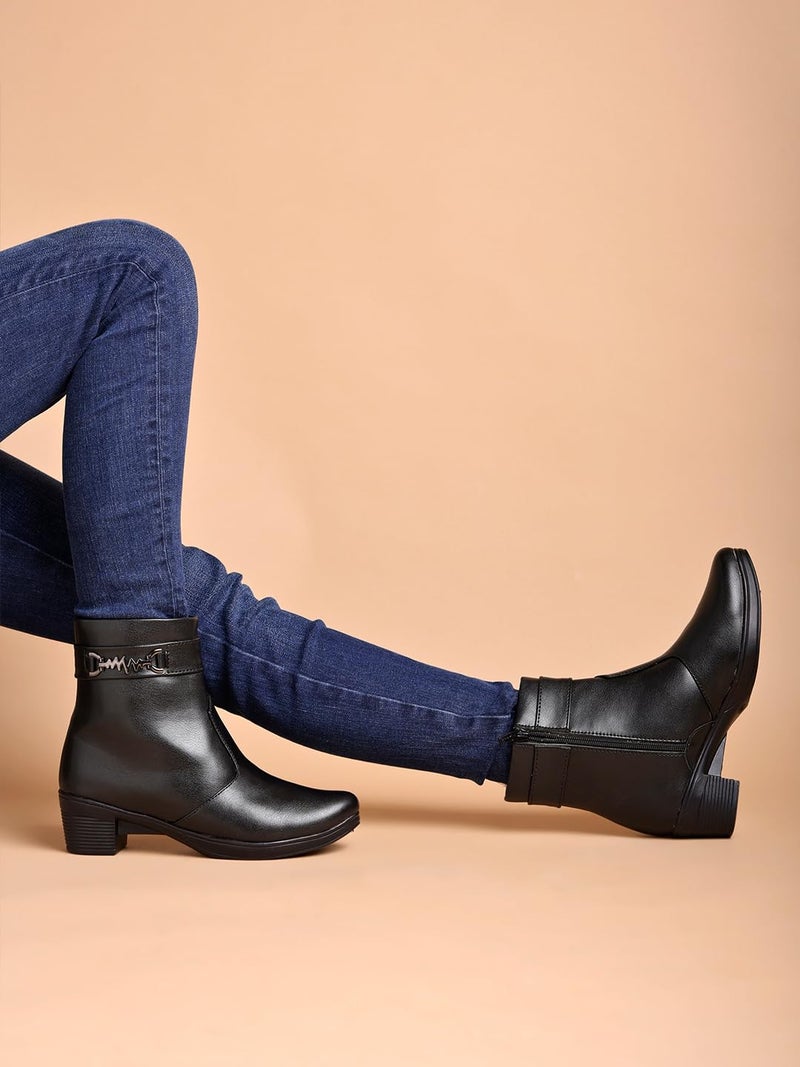 Shoetopia Women's  Ankle Boots with Side Zipper and Metal Detail Low Heel Faux Leather Booties for Everyday Comfort and Style - Image 3