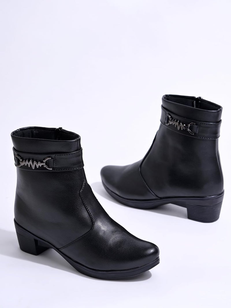 Shoetopia Women's  Ankle Boots with Side Zipper and Metal Detail Low Heel Faux Leather Booties for Everyday Comfort and Style - Image 4