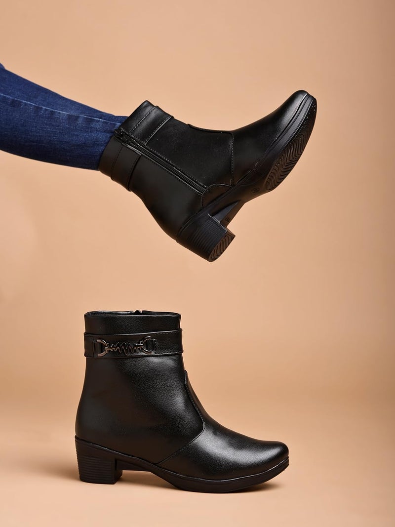 Shoetopia Women's  Ankle Boots with Side Zipper and Metal Detail Low Heel Faux Leather Booties for Everyday Comfort and Style - Image 1