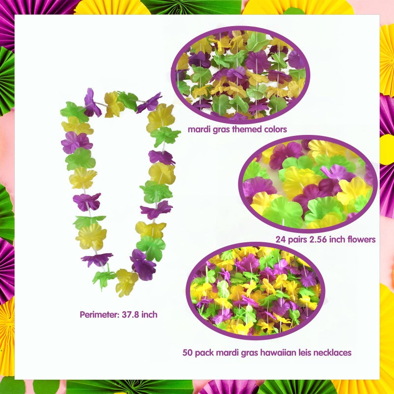 Becfupo 50 Pack Mardi Gras Flower Leis Necklaces Bulk, Red Green Yellow Mardi Gras Hawaiian Leis for Mardi Gras Party Decorations, Gaysby Themed Party, Masquerade Costume Accessories - Image 2