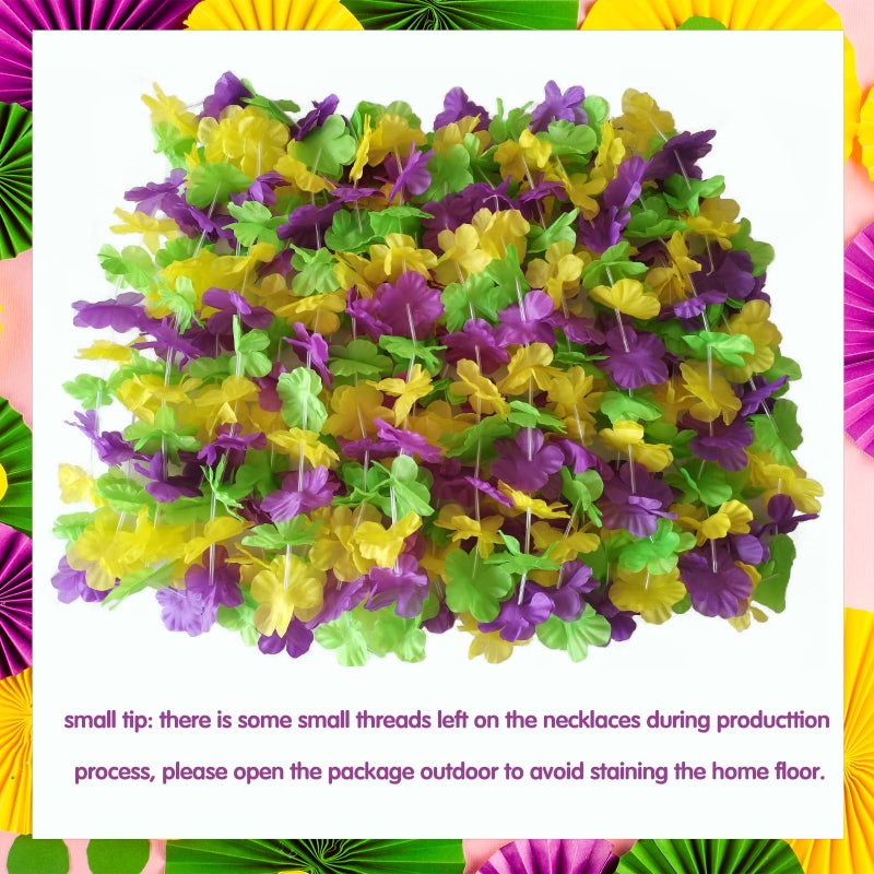 Becfupo 50 Pack Mardi Gras Flower Leis Necklaces Bulk, Red Green Yellow Mardi Gras Hawaiian Leis for Mardi Gras Party Decorations, Gaysby Themed Party, Masquerade Costume Accessories - Image 3