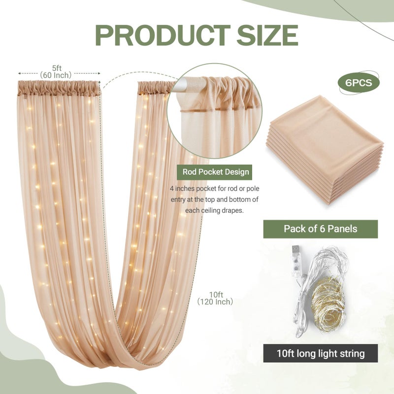 Shillance 6 Panels Champagne Ceiling Drapes With Lights for Wedding 5ftx10ft Photo Backgrounds Sheer Curtains Drapery Decorations for Party Ceremony Stage Swag - Image 5