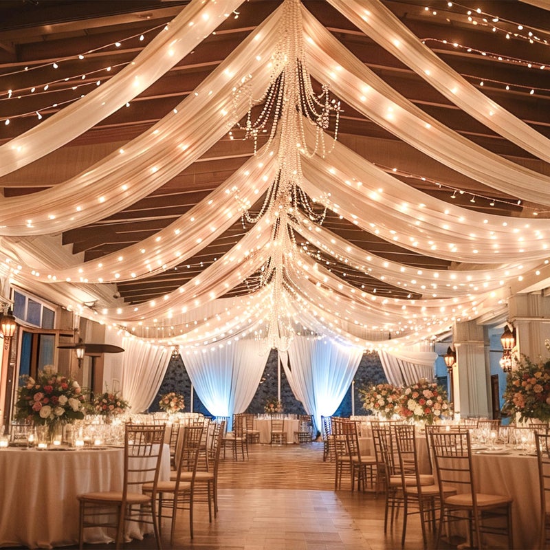 Shillance 6 Panels Champagne Ceiling Drapes With Lights for Wedding 5ftx10ft Photo Backgrounds Sheer Curtains Drapery Decorations for Party Ceremony Stage Swag - Image 2