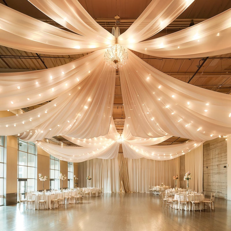 Shillance 6 Panels Champagne Ceiling Drapes With Lights for Wedding 5ftx10ft Photo Backgrounds Sheer Curtains Drapery Decorations for Party Ceremony Stage Swag - Image 1