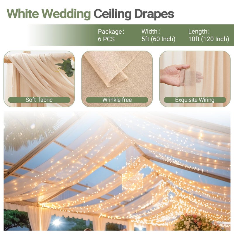 Shillance 6 Panels Champagne Ceiling Drapes With Lights for Wedding 5ftx10ft Photo Backgrounds Sheer Curtains Drapery Decorations for Party Ceremony Stage Swag - Image 4