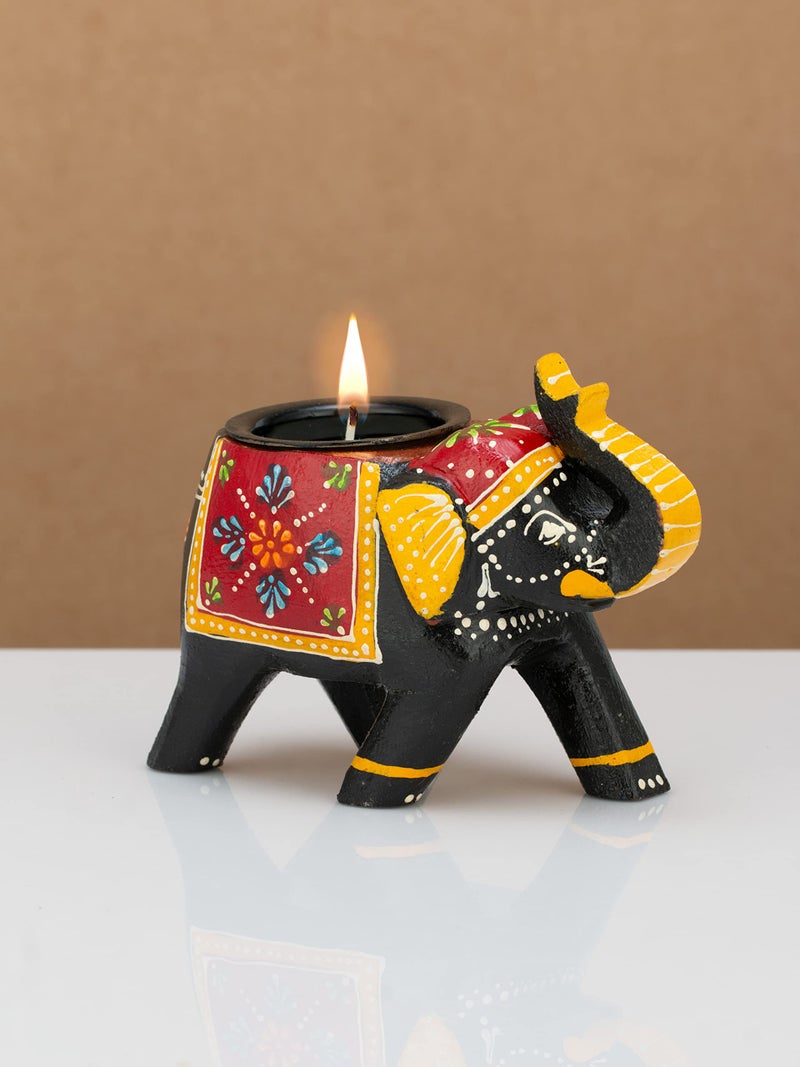 JH Gallery Home Decor Handcrafted and Colorful Wooden Elephant Tea Light Holder, (4 Inches, Blue, Pack of 1) - Image 4