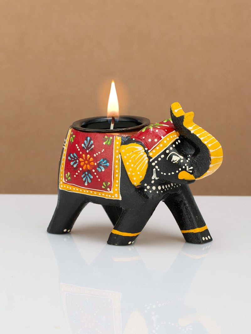 JH Gallery Home Decor Handcrafted and Colorful Wooden Elephant Tea Light Holder, (4 Inches, Blue, Pack of 1) - Image 3