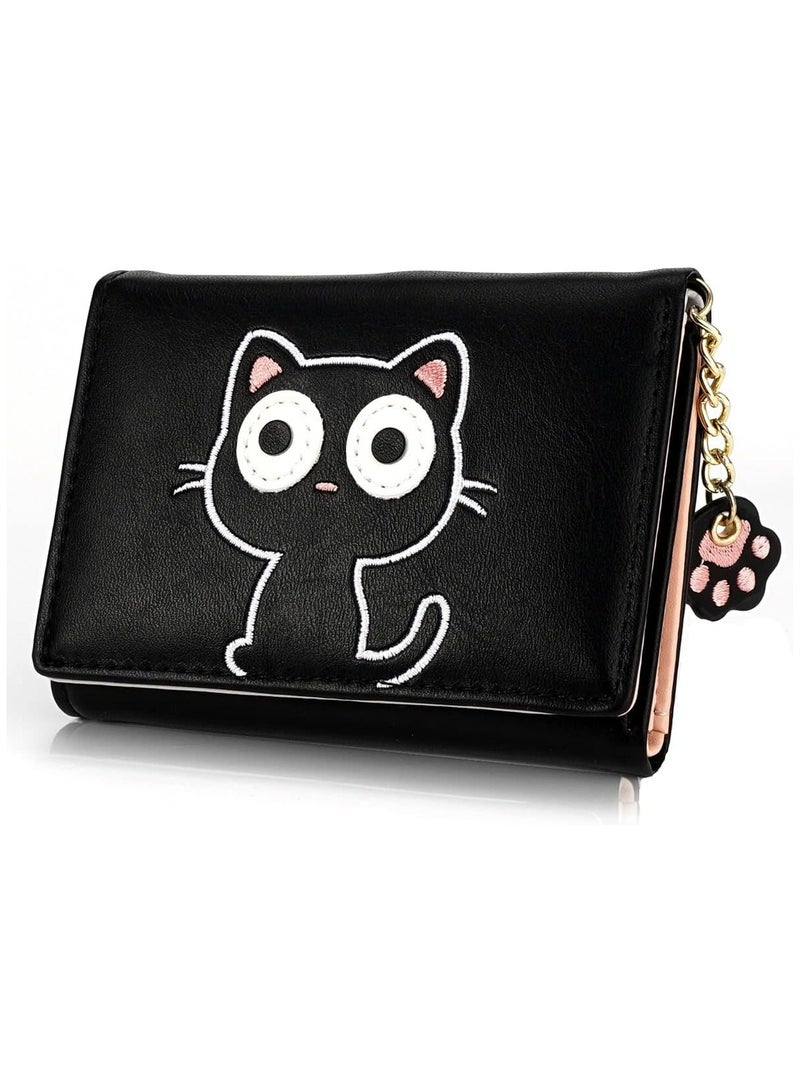 Oasisgalore Black Cat Wallet for Girls – PU Leather Triple-Fold Purse with Pendant  - Image 1