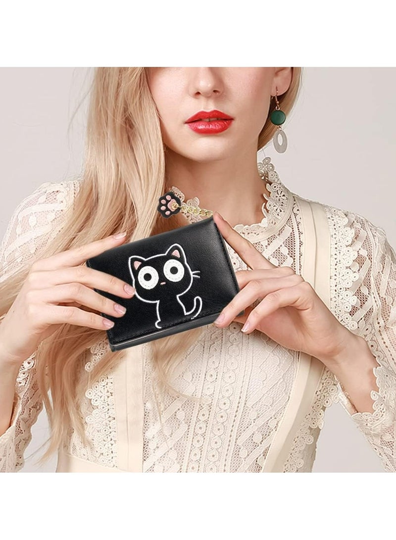 Oasisgalore Black Cat Wallet for Girls – PU Leather Triple-Fold Purse with Pendant  - Image 3