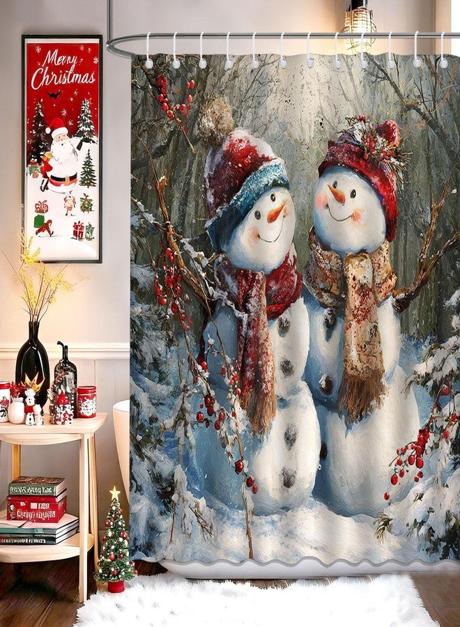 Mocsicka Christmas Snowman Shower Curtain Winter Snow Scene Snowman Bathroom Shower Curtain Winter Christmas Holiday Shower Curtains Bathtub Decor with 12 Hooks 72 X 72 Inches - Image 2