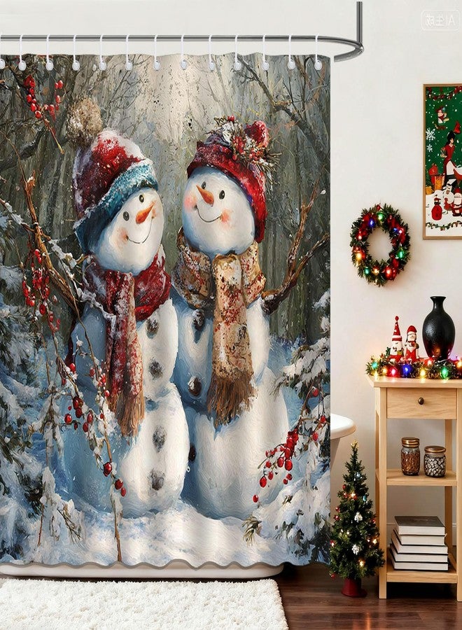 Mocsicka Christmas Snowman Shower Curtain Winter Snow Scene Snowman Bathroom Shower Curtain Winter Christmas Holiday Shower Curtains Bathtub Decor with 12 Hooks 72 X 72 Inches - Image 4