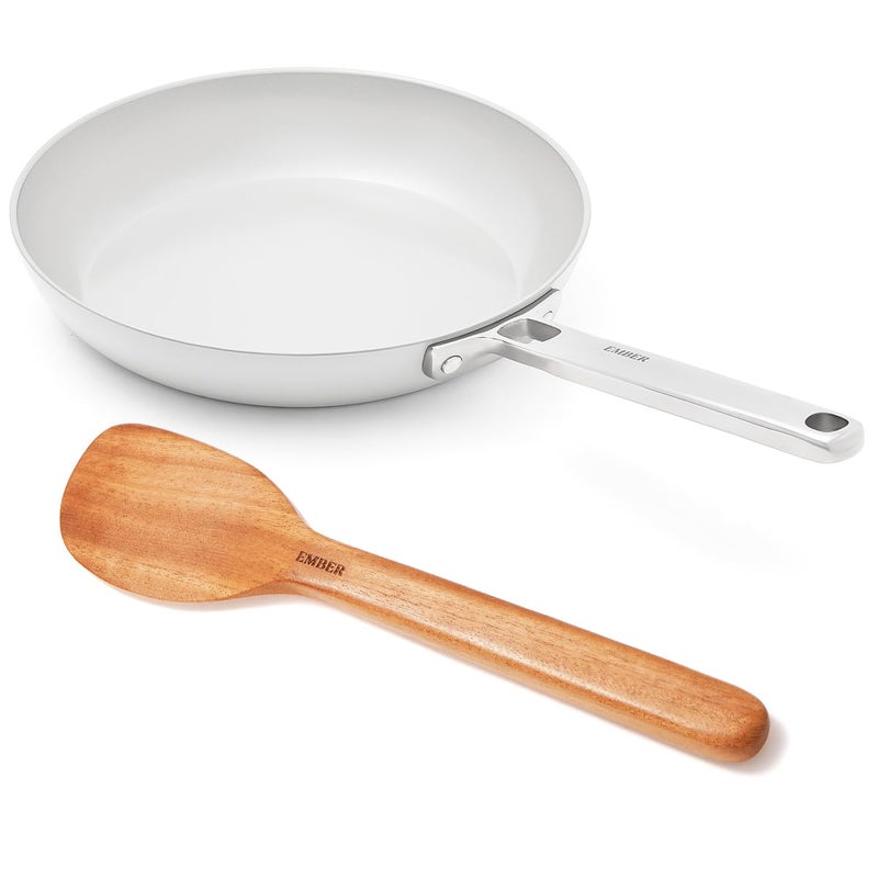 Ember Cookware مقلاة سيراميك أركيلا 24 سم | أدوات طهي غير لاصقة | مقلاة غير سامة | معتمدة من ISI | مقلاة سيراميك للطهي | 1× ملعقة مسطحة | مقبض فولاذي | خالية من PFAS و PTFE | آمنة للاستخدام على الحث | رمادي - Image 1