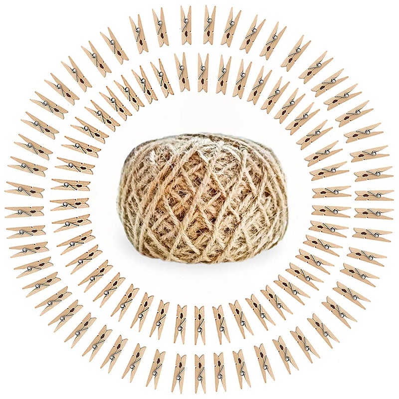 Infiprises 100 Pieces Mini Natural Wooden Clips with 50 Mtr Jute Twine MultiFunction Mini Clothespins Photo Paper Peg Pin Craft Clip Jute Rope 165 Feet for Home Arts Crafts Decor DIY Decoration Photo Hanging - Image 1