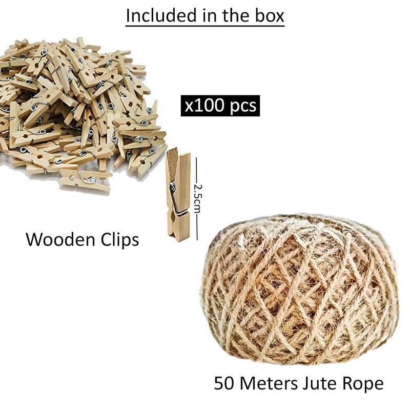 Infiprises 100 Pieces Mini Natural Wooden Clips with 50 Mtr Jute Twine MultiFunction Mini Clothespins Photo Paper Peg Pin Craft Clip Jute Rope 165 Feet for Home Arts Crafts Decor DIY Decoration Photo Hanging - Image 2