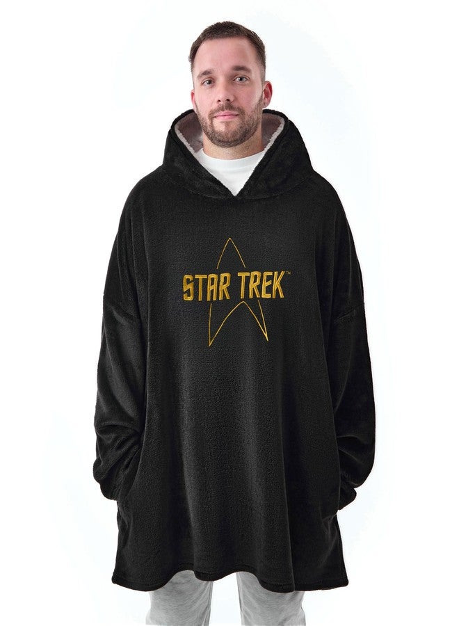 Star Trek Mens Wearable Blanket Hoodie | Adults Hooded Pullover Sherpa Fleece in Black with Embroidered Logo - Image 1