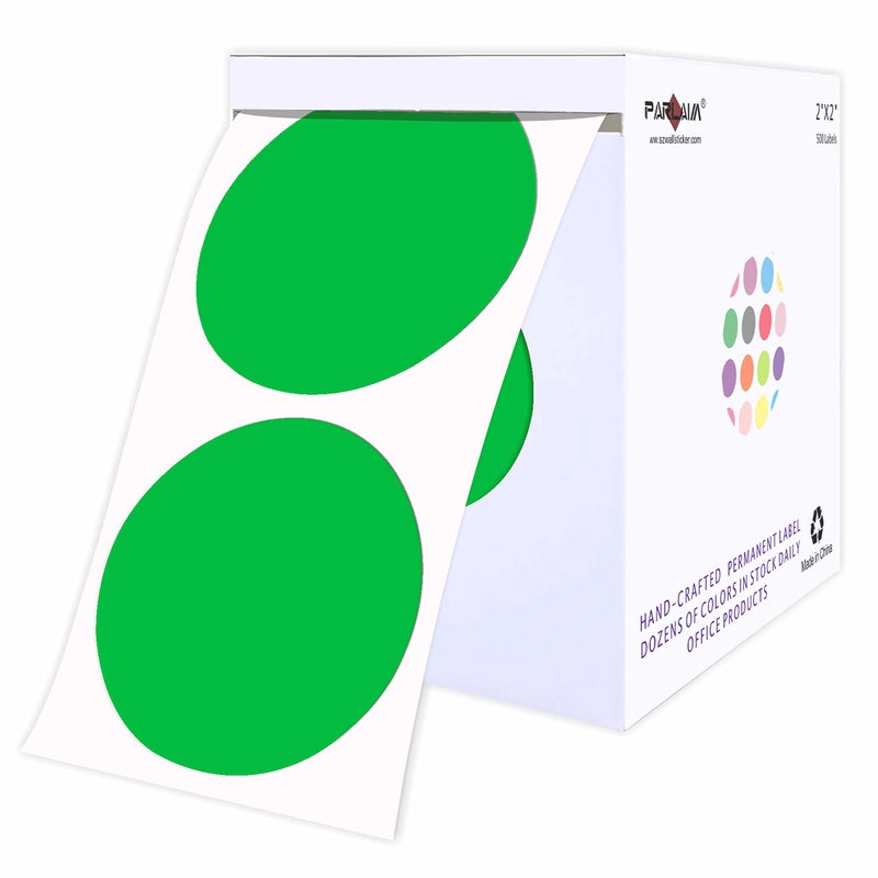 PARLAIM 2 ColorCode Circle Dot Labels in Dispenser Box 500 Green Colored Stickers 2 inch Diameter for Inventory Package Box Office School