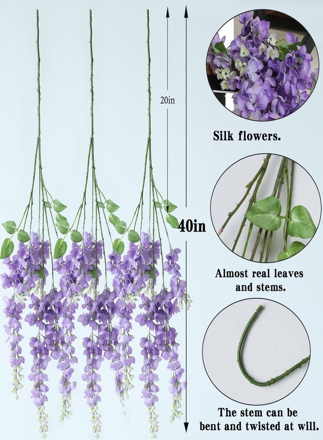 dallisten Dailisen 3 Strands 40'' Silk Purple Wisteria Artificial Flowers, Fake Wisteria Floral Hanging Plant Garland, for Home Decor, Party, Floor Vase, Balcony, Wedding Arrangement Decoration (Purple) - Image 2