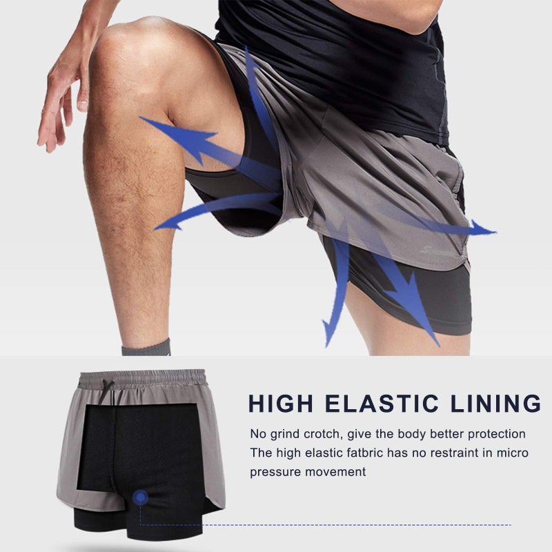 Surenow Mens 2 in 1 Running Shorts Quick Dry Athletic Shorts with Liner, Workout Shorts with Zip Pockets and Towel Loop Dark Grey - Image 5