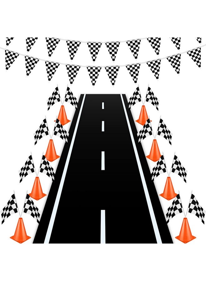 Remagr 22 Pcs Racing Traffic Cones Party Decoration with Racetrack Floor Runner Checkered Flags Black White Pennant Banner Orange Sports Safety Cones For Race Car Birthday Party Supplies - Image 1